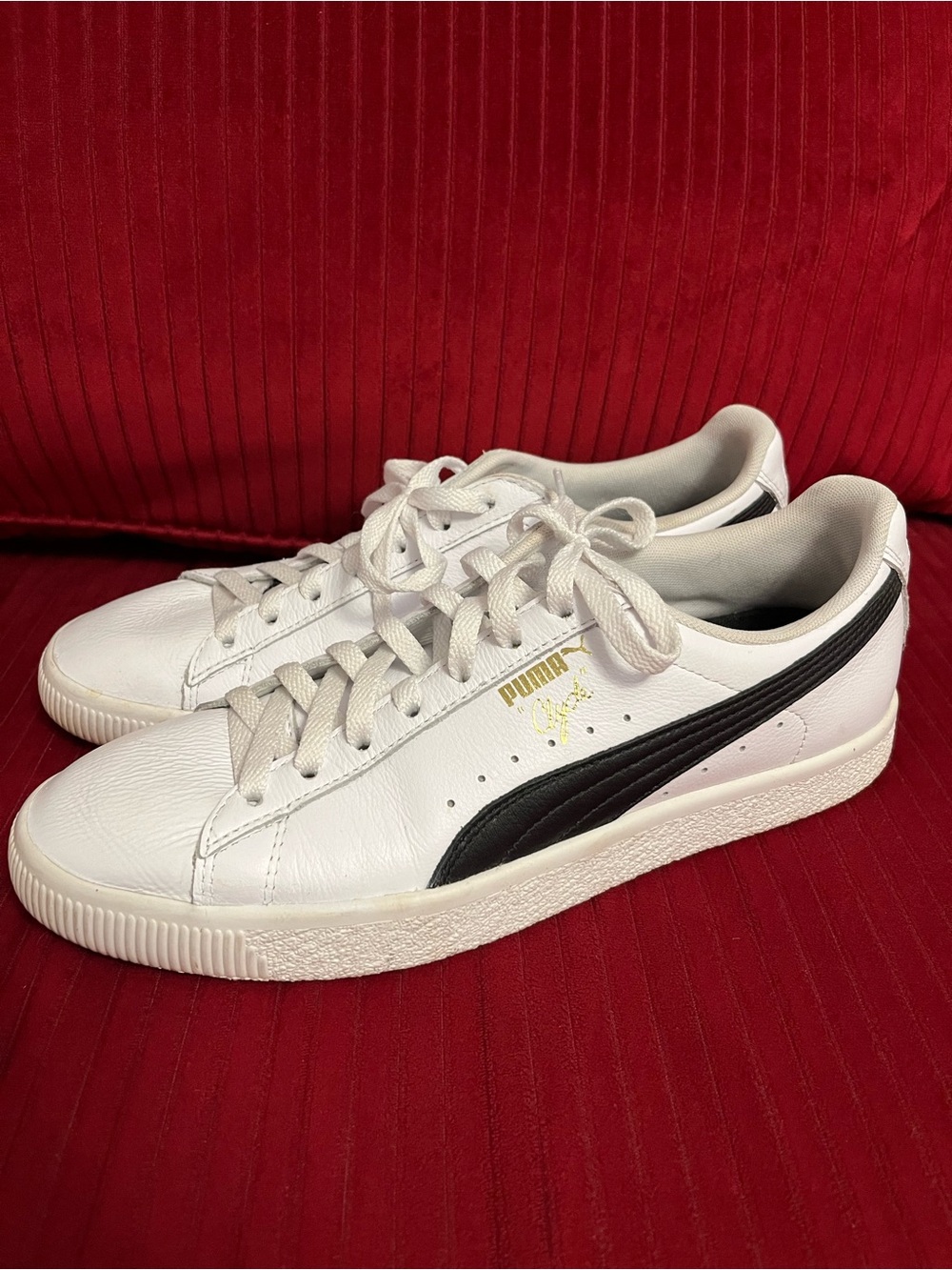 Puma “Clyde” White Sneakers with Black Formstrip and Gold Logo